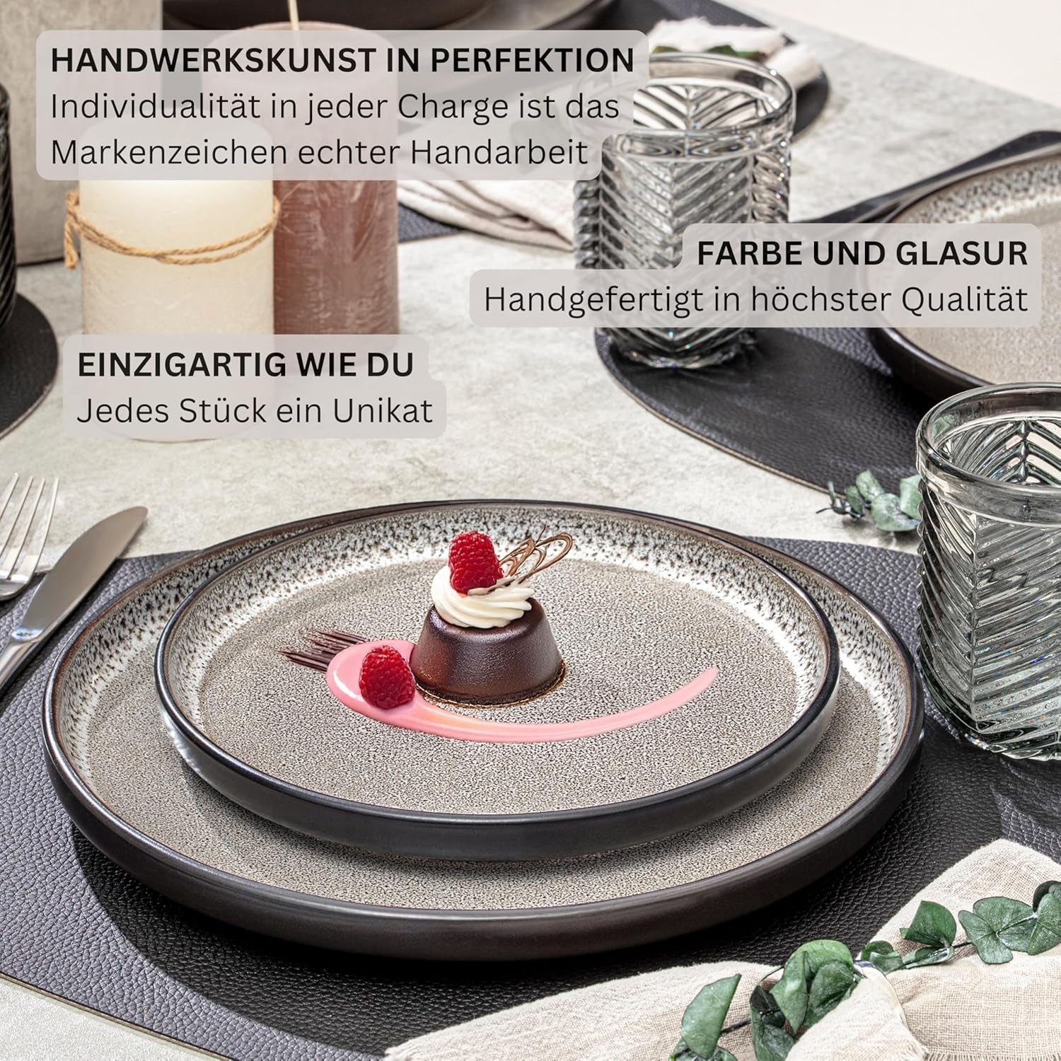 SÄNGER Luxor | Set de veselă din gresie, 18 piese, Set de farfurii pentru 6 persoane, Set de veselă (6 farfurii de cină, 6 boluri pentru cereale, 6 farfurii pentru desert), Veselă maro-bej rezistentă la zgârieturi | COLECȚIA VALUE