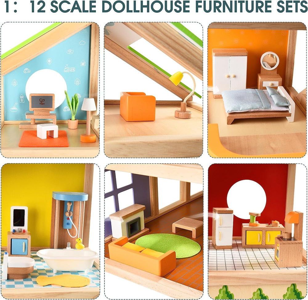 Hape Four Seasons Puppenhaus aus Holz. Preisgekröntes dreistöckiges Puppenhaus mit Möbeln, Zubehör, beweglicher Treppe und umkehrbarem Dach für jede Jahreszeit. Puppenhäuser Naty Shop