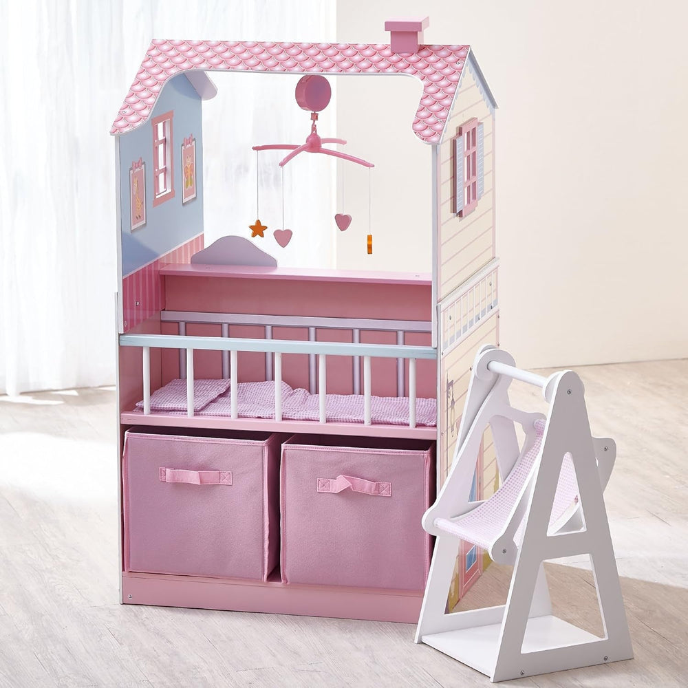 Olivia's Little World 2-in-1-Puppenhaus und Wickelstation, Puppenspielset aus Holz mit Hochstuhl TD-11460A, Puppenhäuser, Naty Shop