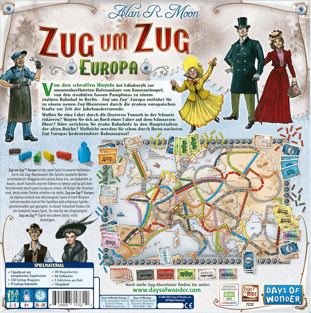 Asmodee, Ticket to Ride: Europa, Days of Wonder, Grundspiel, Familienspiel, Brettspiel, 2-5 Spieler, ab 8 Jahren, 30-60 Minuten, Deutsch