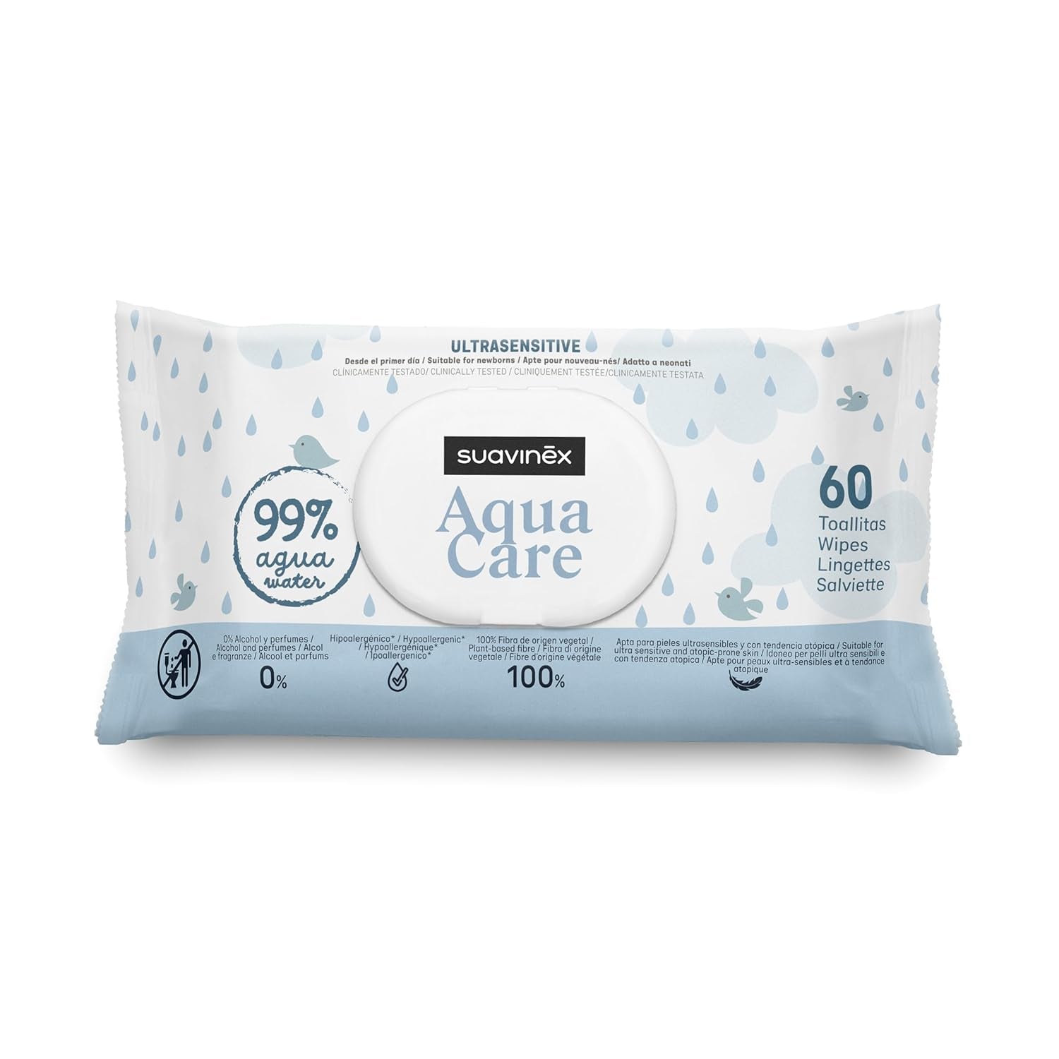 Șervețele umede Suavinex Aqua Care pentru bebeluși, 60 de unități, șervețele demachiante 99% apă, fibre de origine vegetală, cu aloe vera, fără parfum și alcool, testate dermatologic, potrivite pentru pielea sensibilă