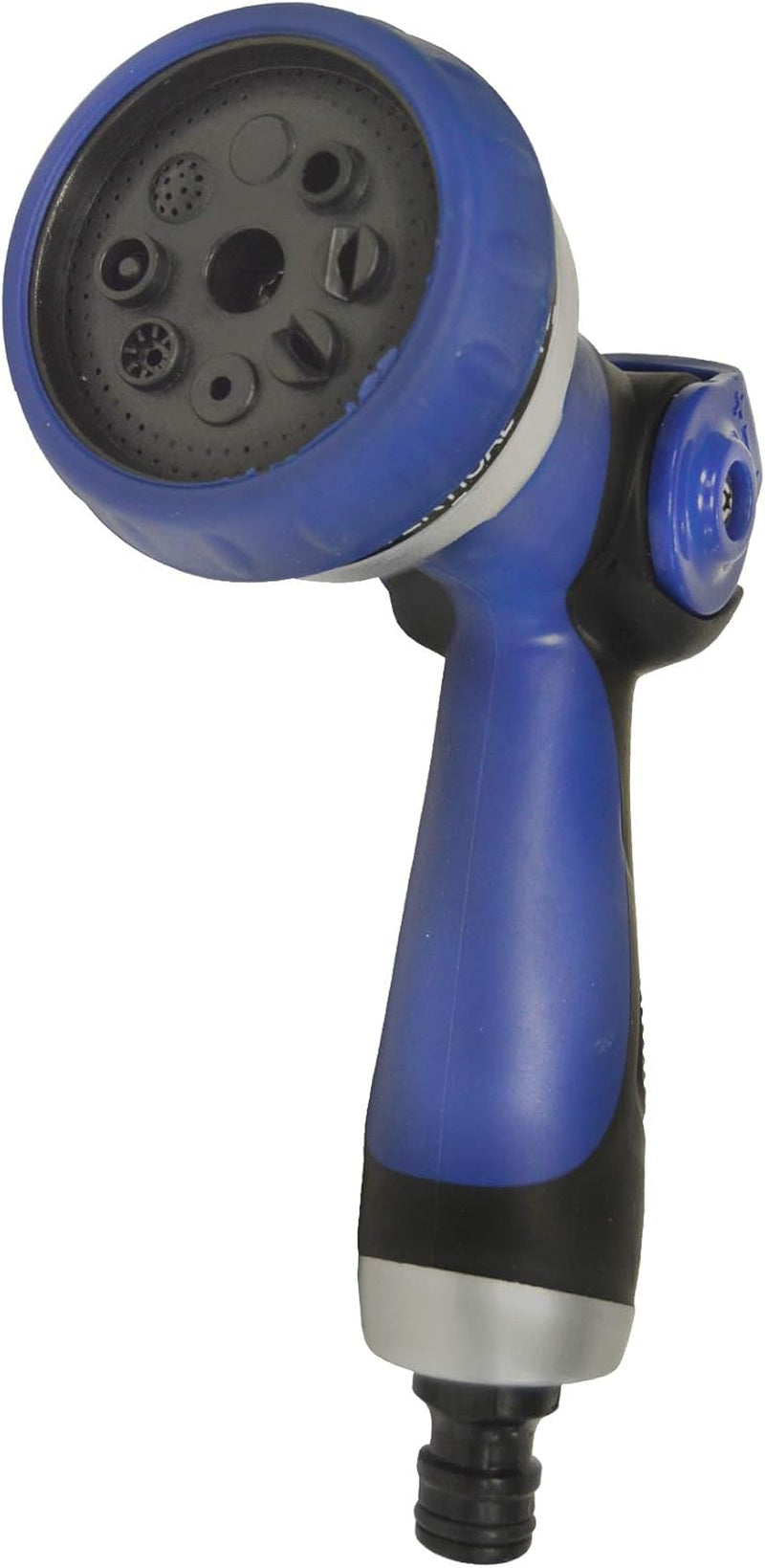 590078 – Set furtun spiralat, albastru, 15 metri (diametru 9 mm) + pistol multifuncțional cu 8 duze + filet interior automat cu adaptor ¾-½ + 2 conectori rapizi + suport de agățare
