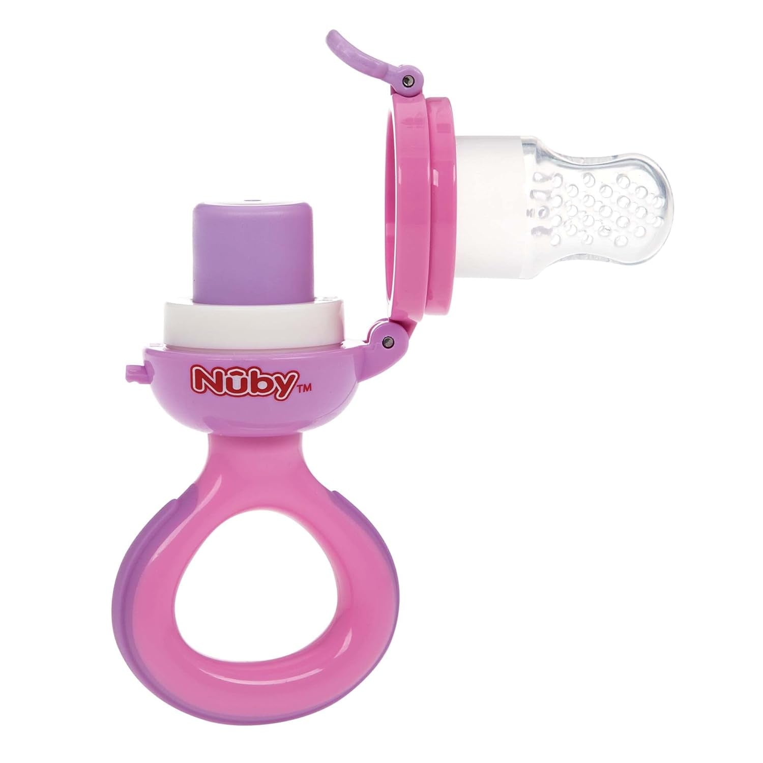Nuby - Hrănitoare de fructe din silicon Nibbler - Hrănitoare de fructe pentru bebeluși de 6 luni și copii mici - Inel de dentiție pentru fructe, legume și piure - Fără BPA - Roz - 6+ luni