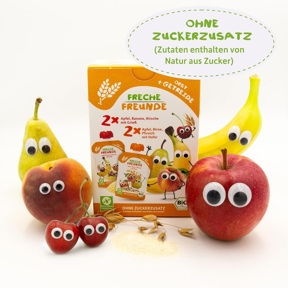 FRECHE FREUNDE Mix Organic la Pungă Comprimabilă Multipack - Fructe + Cereale, Piure de fructe cu cereale într-o pungă compresibilă pentru bebeluși de la 6 luni, vegan, pachet de 3, 3 x (4 x 100g)