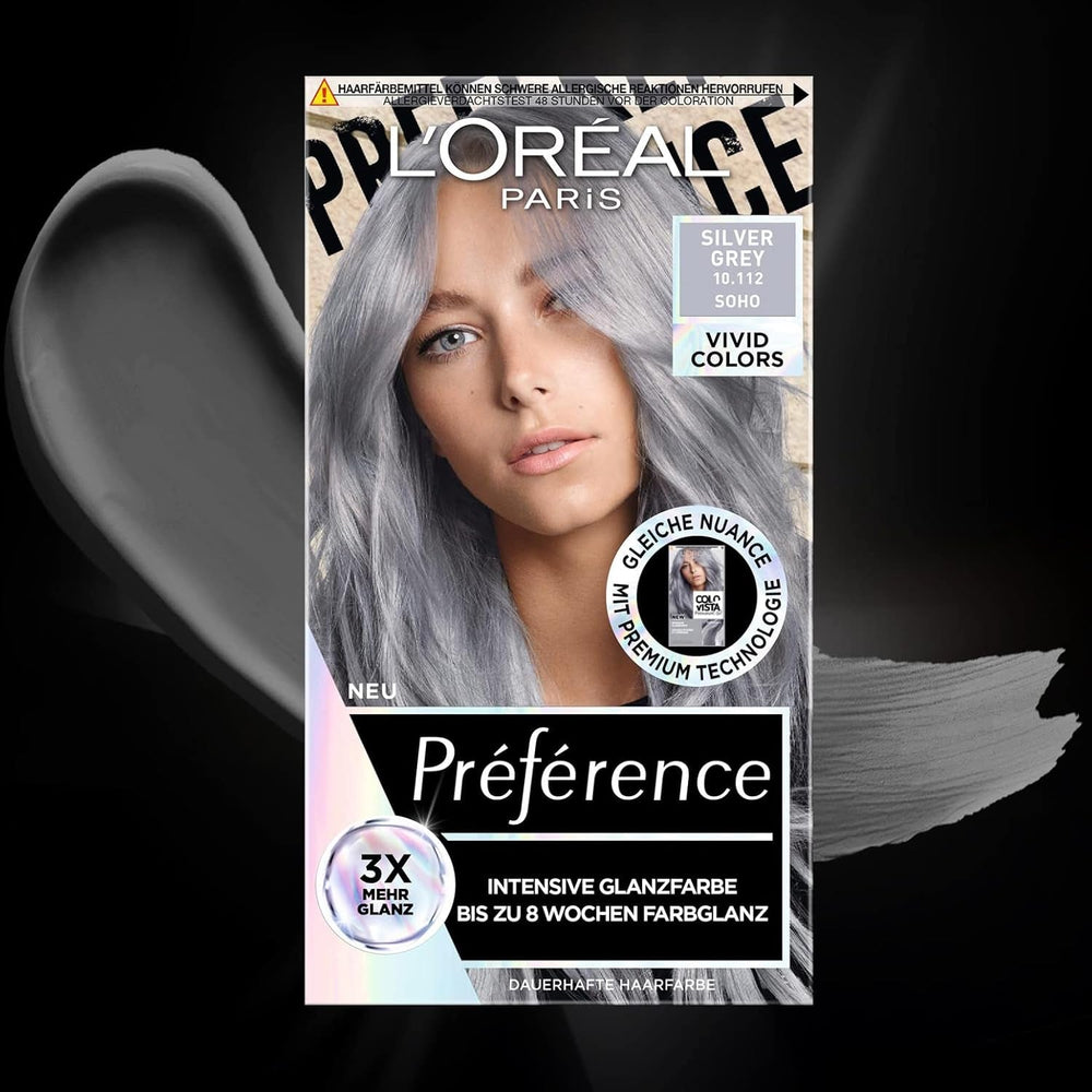 L'Oréal Paris Intensive permanent hair color, Până la 8 săptămâni de păr strălucitor și culoare intensă, Préférence Vivid Colors, Culoare: 10.112 SILVER GREY, 1 buc (pachet de 2) Vopsea pentru par Naty Shop