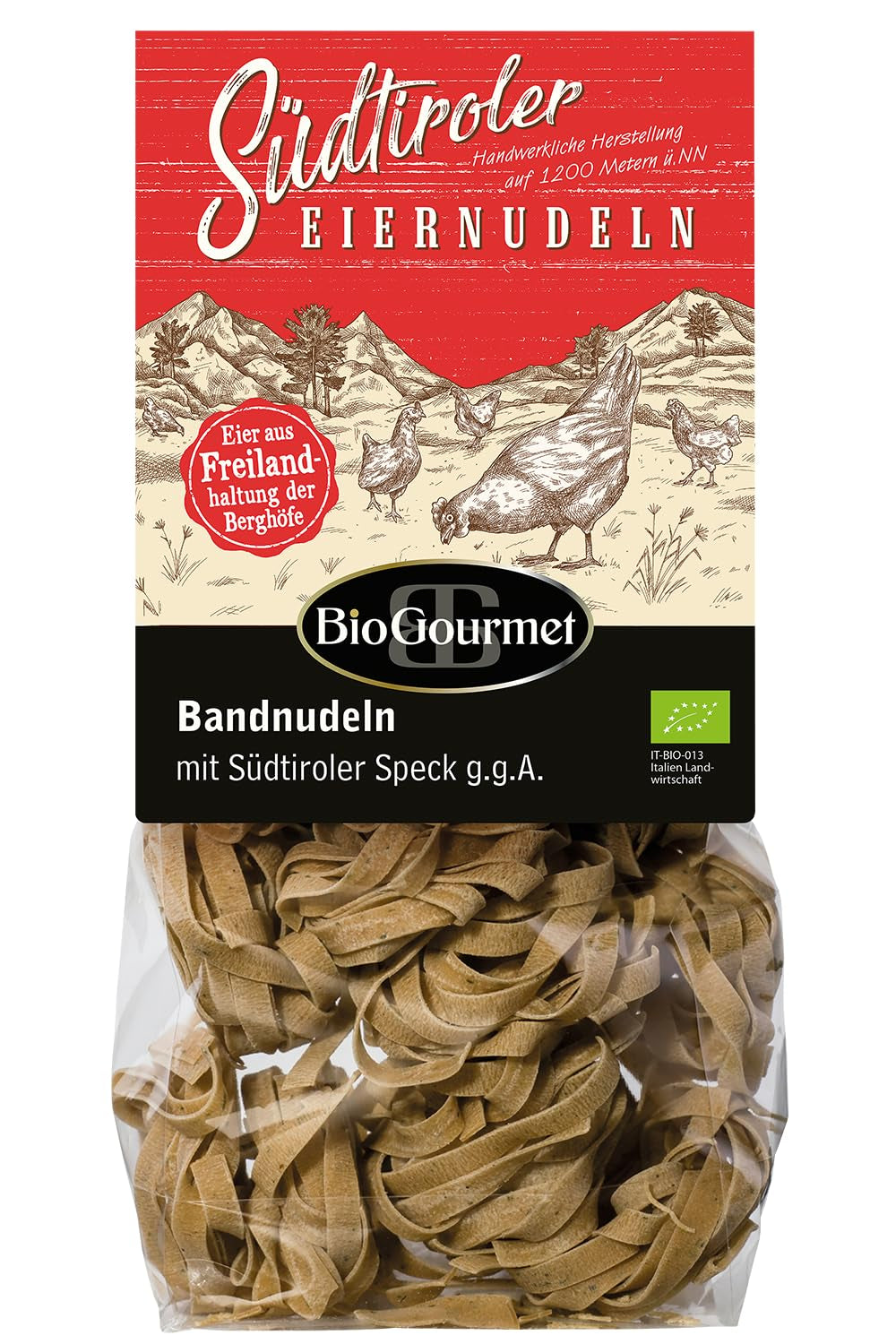 BioGourmet Bandnudeln mit Schüttelbrot aus Südtirol (g.g.A.) | Gesalzene und aromatisierte Eiernudeln mit echtem Südtiroler Speck | 1 x 250g Bio