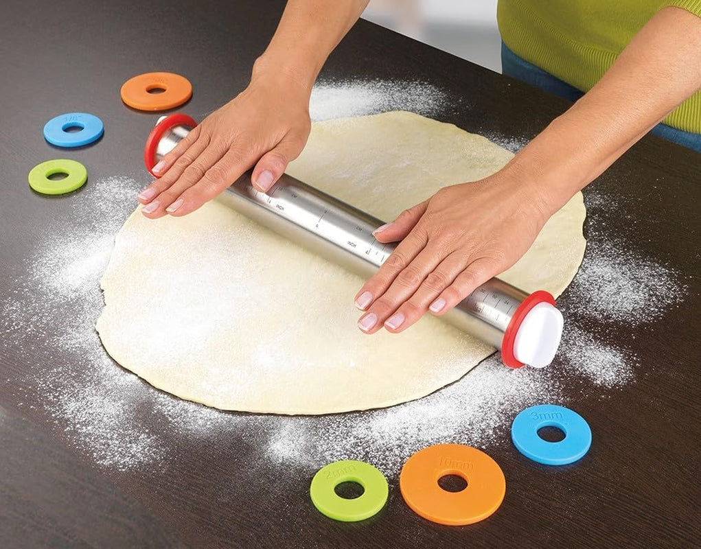 Maximex Teigrolle mit Abstandhalter EDELSTAHL - Edelstahl-Ausroller mit aufsteckbaren Abstandsscheiben, Edelstahl rostfrei, 4,5-6,5 x 43 x 4,5-6,5 cm, Silber matt