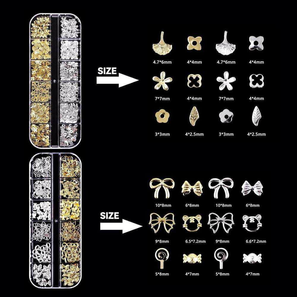 Set de 4 cutii pentru brelocuri pentru unghii - 48 de tipuri de brelocuri 3D aurii și argintii pentru unghii (fluturi, flori, perle etc.) + pensetă și stilou - pentru unghii cu gel și acrilice DIY | Ideal pentru salon de unghii și acasă