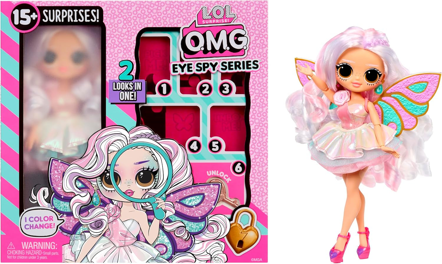 LOL Surprise! Seria OMG Eye Spy - Zână – Include 1 păpușă cu ținută și accesorii, rezolvare de puzzle-uri și descoperire surpriză, 4 păpuși de colecție
