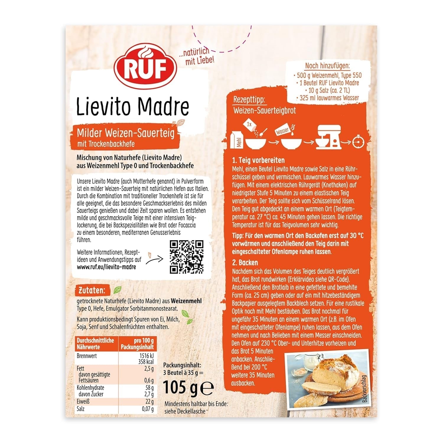 RUF Lievito Madre Sauerteig, Milder Weizen-Sauerteig, Mutterteig, Kurze Teigruhe Durch Enthaltene Trockenhefe, Lievito Madre Getrocknet Für Brot, Baguette, Focaccia, 3X35G Amestec pentru copt si gatit Naty Shop