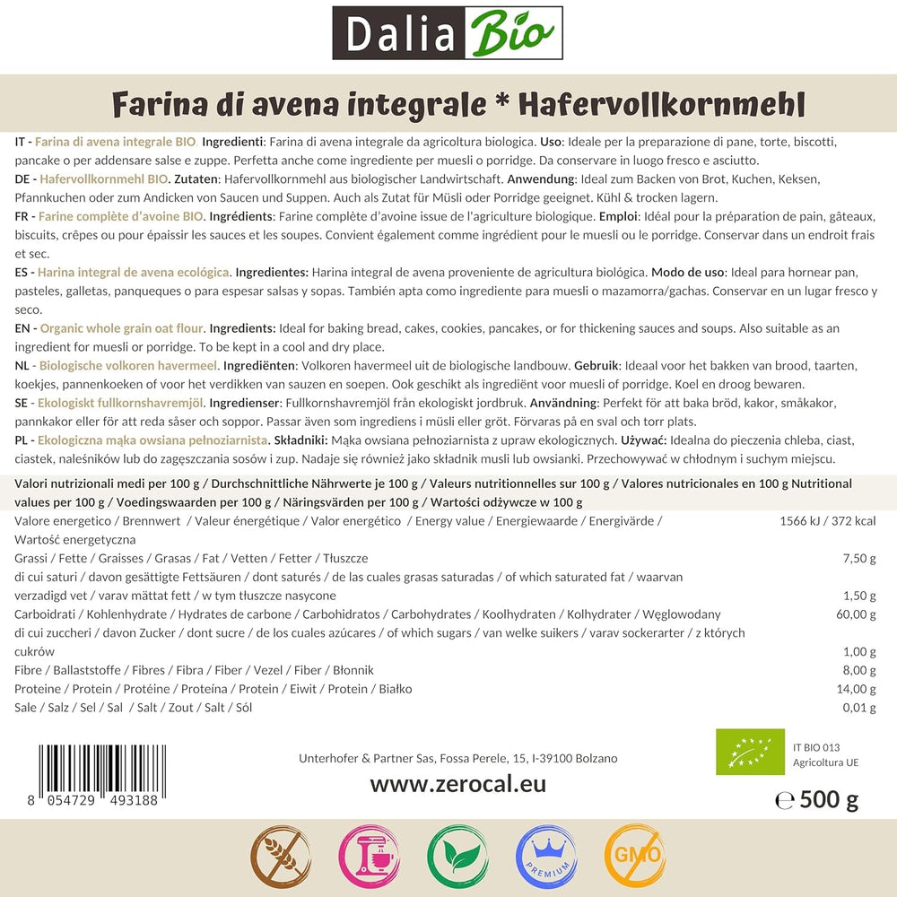 Dalia - Făină integrală de ovăz organică 500g | Fără gluten | Bogată în fibre și proteine | Origine: Italia | Pentru pâine, prăjituri, terci și rețete fitness | Calitate premium