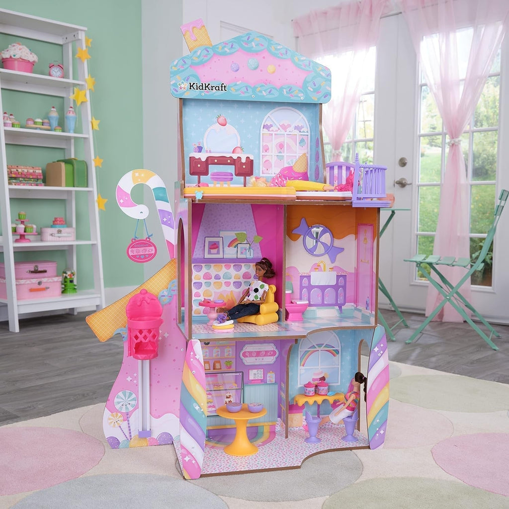 Casă de păpuși din lemn Kidkraft Candy Castle cu mobilier și accesorii, casă cu figurină Llama Unicorn, lift pentru tort de înghețată și scaun de cauciuc pentru păpuși, jucărie pentru copii de la 3 ani, 20242 Casute de papusi Naty Shop