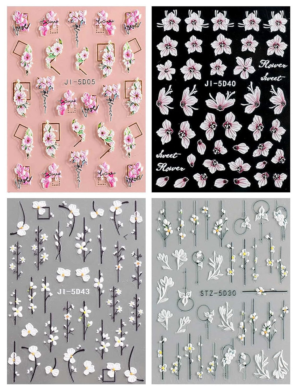 JMEOWIO 3D Nagelsticker Frühling Blume Nail Art Sticker Selbstklebend Nagelaufkleber 5D Stereoskopisch Buntes Sommer Blumen Dekoration Nageldesign Zubehör 4 Blatt