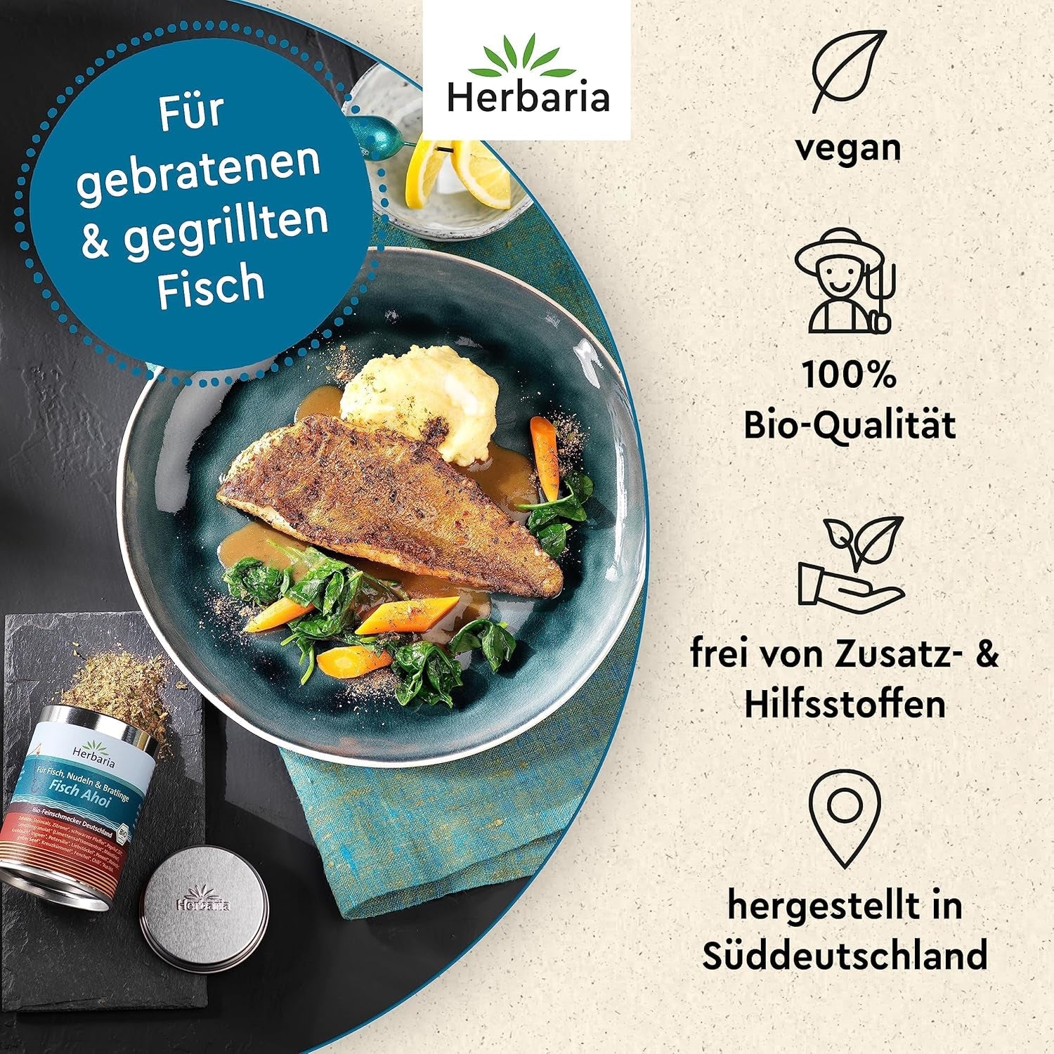 Herbaria Fisch Ahoi bio 85g M-Dose – fertiges Bio-Gewürzsalz für gebratene oder gegrillte Fischgerichte, Meeresfrüchte und Bratlinge – in nachhaltiger Aromaschutz-Dose