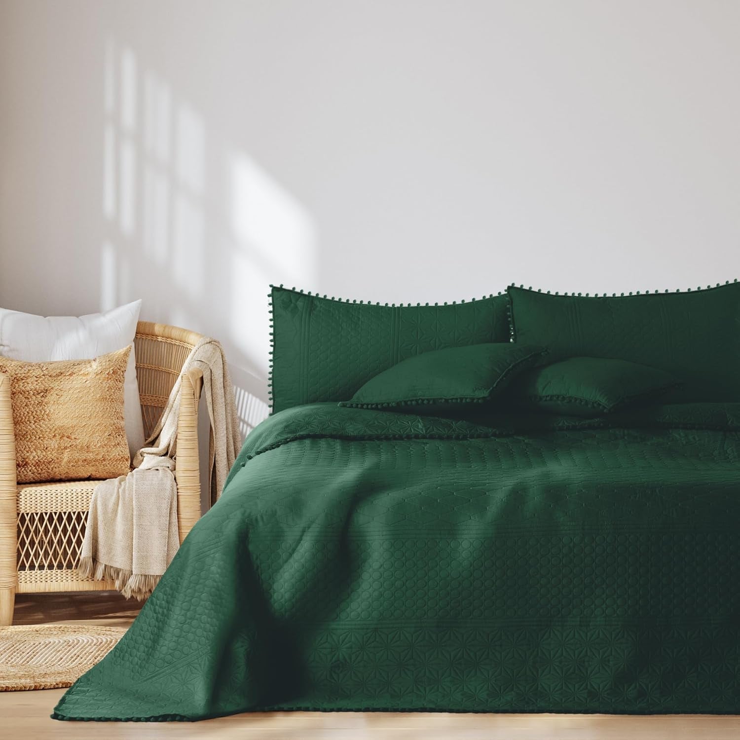 Ameliahome Cuvertură de pat cu pompoane 220X240 Cm Cuvertură de pat cu două fețe Ultrasonic Quilting Poliester Meadore Grey Paturi si Cuverturi Besuche den AmeliaHome-Store Meadore verde închis 240X260 Cm