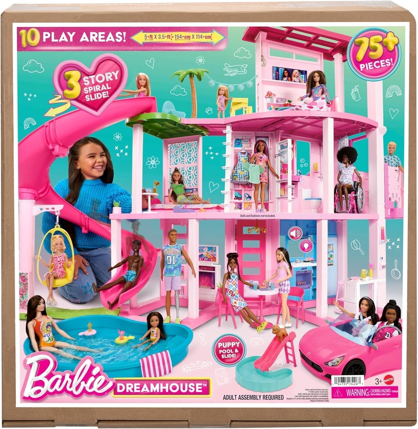 Barbie Dream Villa, 3-stöckiges Barbie-Haus mit 10 Spielbereichen, einschließlich Pool, Rutsche, Aufzug, 75 Puppenzubehör, Spielzeugwelpe, Spielzeug für Kinder ab 3 Jahren, HMX10 Naty Shop Puppenhäuser
