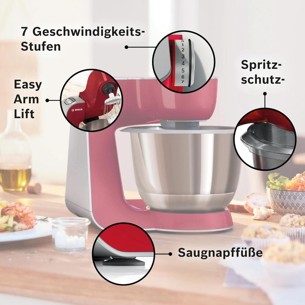 Bosch Küchenmaschine Serie 4 Mum58720,Edelstahl-Schüssel 3,9 L, Mixer 1,25 L, Planetenrührwerk,Knethaken,Schlag,Rührbesen, Durchlaufschnitzler, 3 Scheiben, 1000 W, Dunkelrot/Silber Mama si Copilul Naty Shop