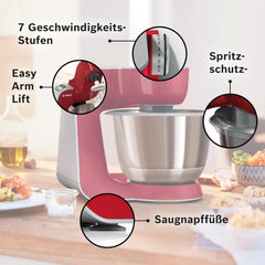 Bosch Küchenmaschine Serie 4 Mum58720, Edelstahl-Schüssel 3,9 L, Mixer 1,25 L, Planetenrührwerk, Knethaken, Schlag, Rührbesen, Durchlaufschnitzler, 3 Scheiben, 1000 W, Dunkelrot/Silber Mutter und Kind Naty Shop
