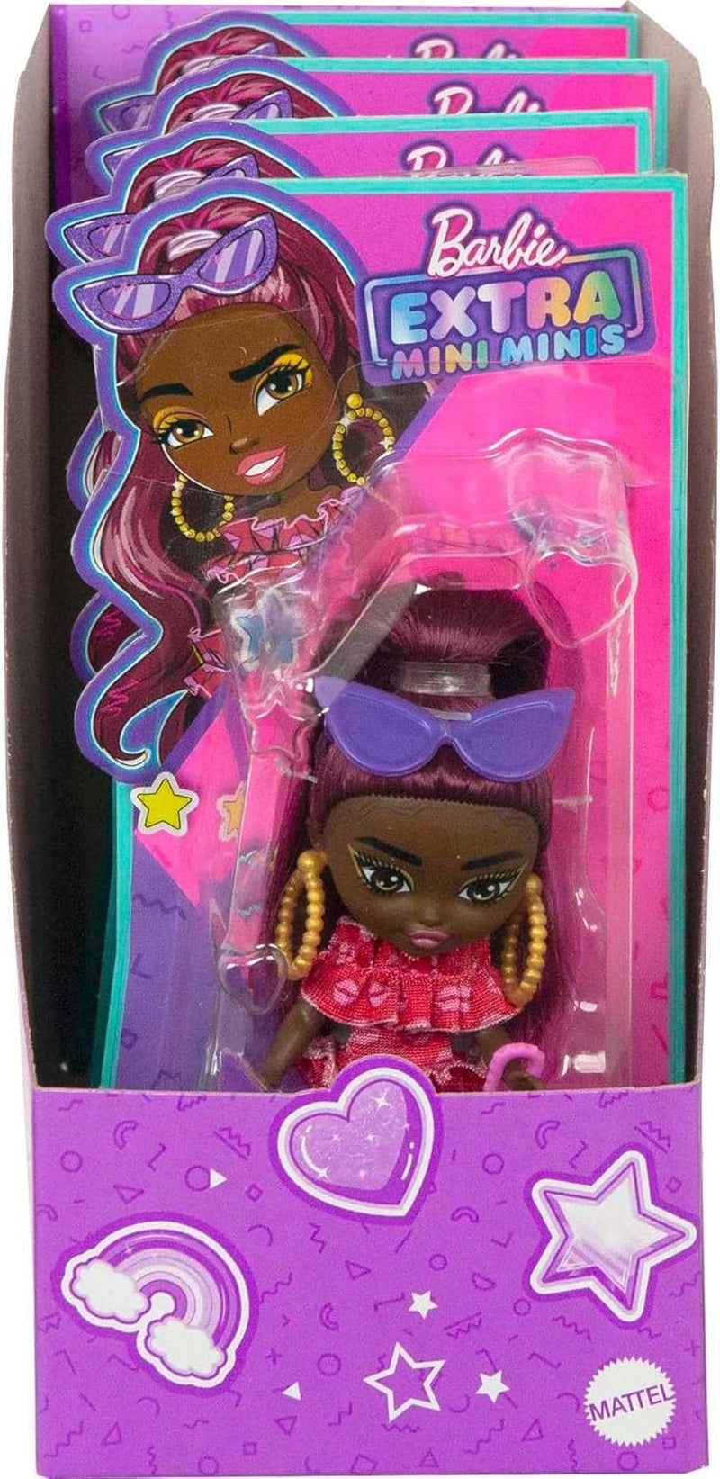 Barbie Extra Mini Minis, Extra Mini Minis Schwarze Barbiepuppe mit roten Haaren, rotem Kleid, Handtasche mit Schleife, Sonnenbrille und anderem Barbiezubehör, Geschenk für Kinder ab 3 Jahren,HLN47