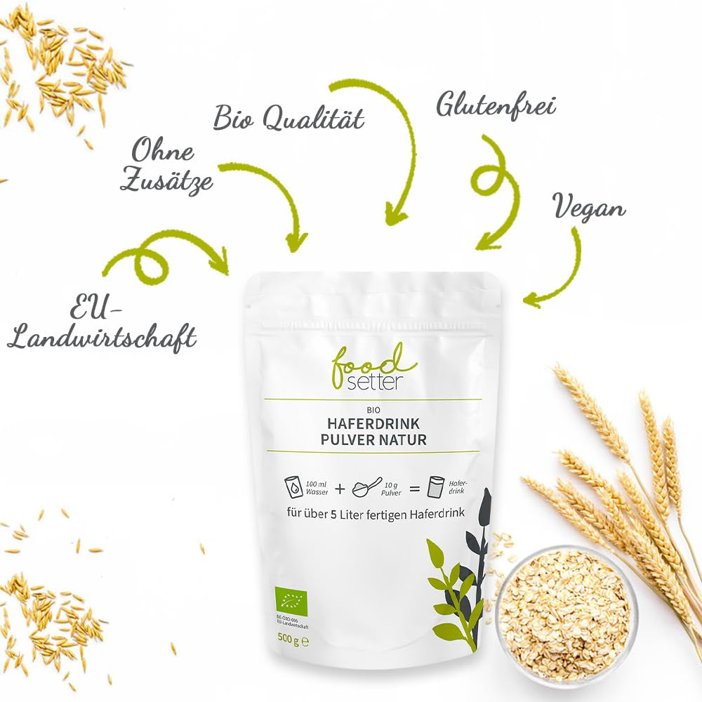 foodsetter Bio Haferdrink Pulver | 500g Beutel | Haferpulver | Instant-Haferpulver | Bio-Qualität | Vegan | Glutenfrei | Ohne Zuckerzusatz | 0,5 kg