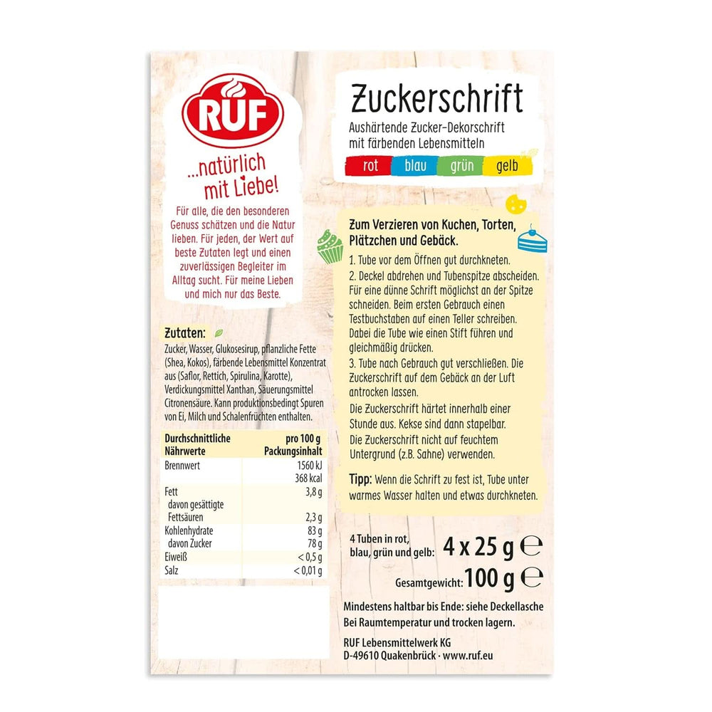 RUF, glazura pentru scris pe prajituri, biscuiti, torturi, fara gluten, vegan, 4 x 25 grame Glazuri si Decor Naty Shop