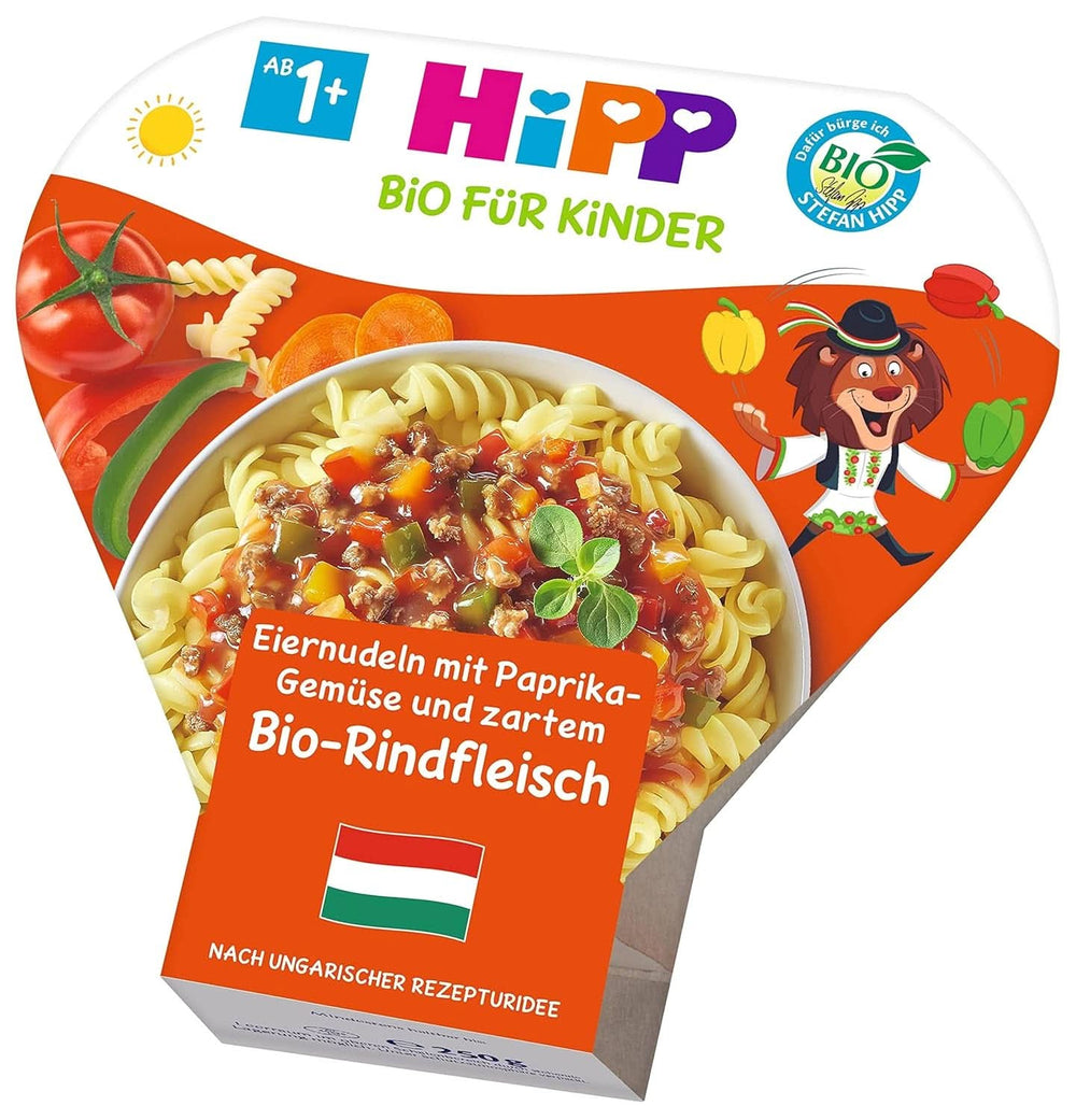 Hipp Bio Für Kinder Kinderteller - Menüs in der Schüssel - Nudeln mit Eiern, Gemüse mit Paprika und zartem Bio-Rindfleisch, 6er-Pack Mutter und Kind Naty Shop