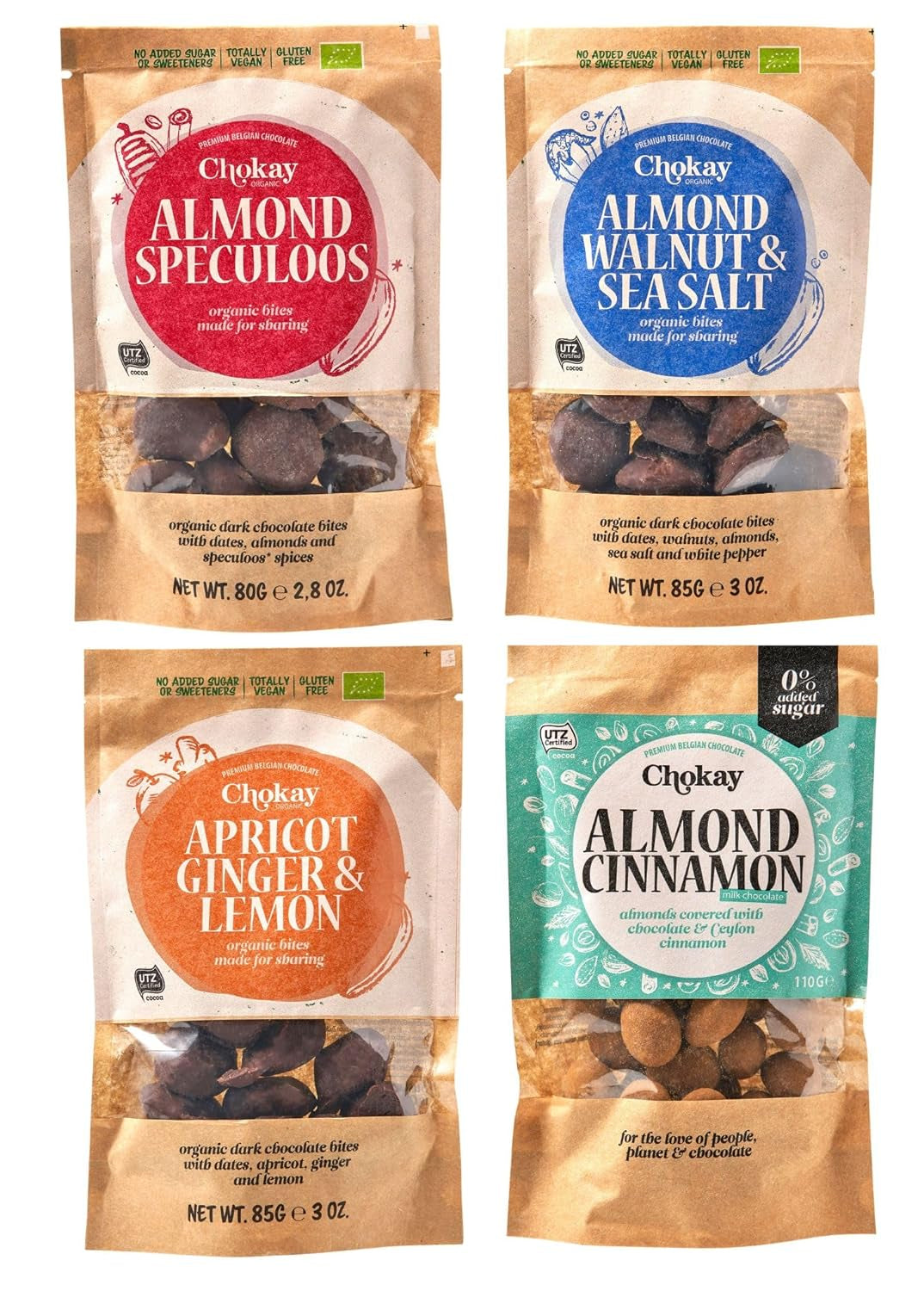 Set de 4 bucăți Organic Bites - Migdale cu scorțișoară/Migdale cu scorțișoară în ciocolată neagră belgiană/Fără zahăr adăugat, fără îndulcitori/VEGAN ȘI COMERȚ ECHITABIL / 4 x 85g