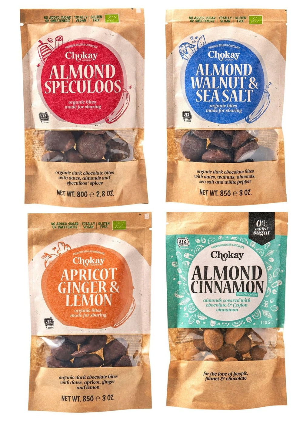 Set de 4 bucăți Organic Bites - Migdale cu scorțișoară/Migdale cu scorțișoară în ciocolată neagră belgiană/Fără zahăr adăugat, fără îndulcitori/VEGAN ȘI COMERȚ ECHITABIL / 4 x 85g