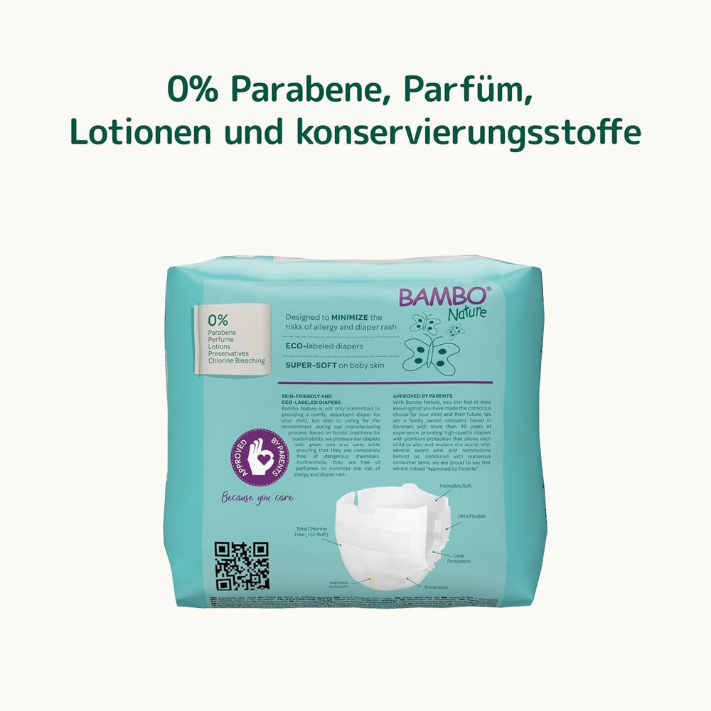 Scutece Bambo Nature pentru bebeluși, mărimea 0 (1-3 kg), 144 buc., cutie lunară | Scutece premium cu protecție îmbunătățită împotriva scurgerilor | Confort și libertate supreme pentru nou-născuți | Scutece testate dermatologic