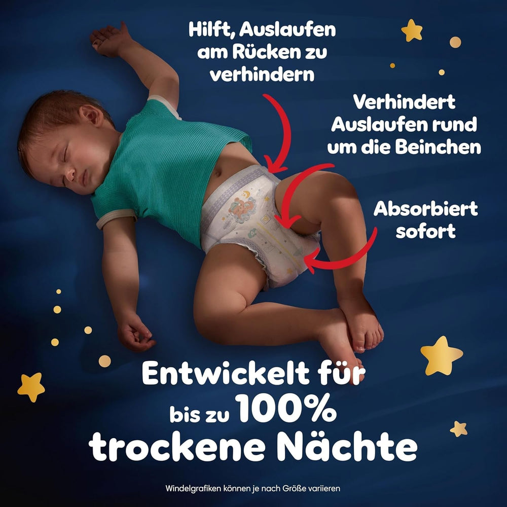 Scutecele Pampers Night Pants mărimea 6, 138 de bucăți, 13kg-19kg, oferă protecție suplimentară pentru întreaga noapte.