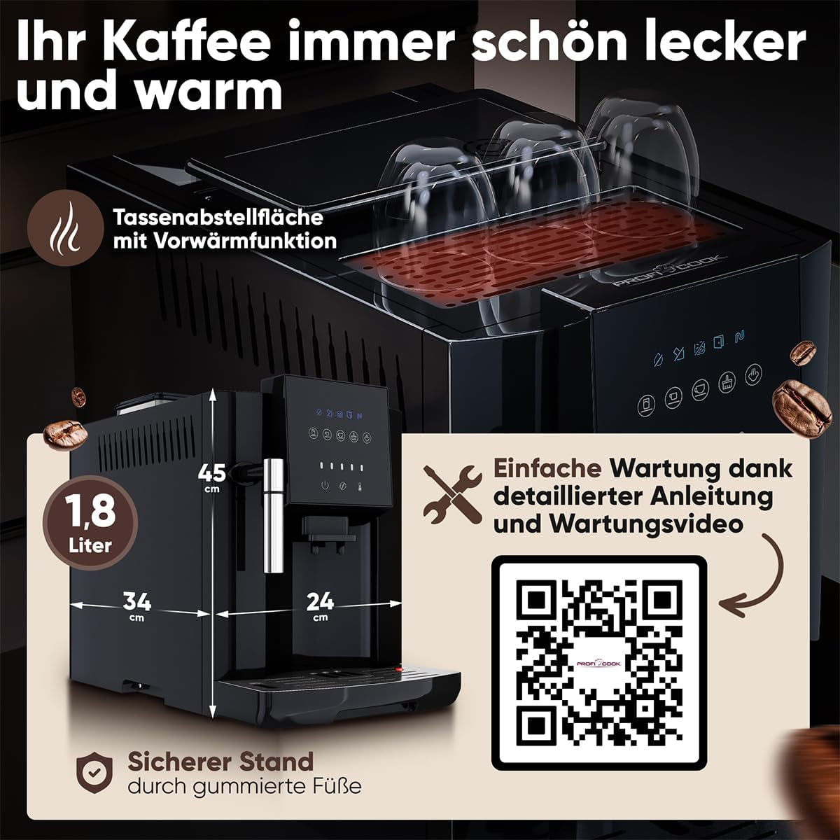 Espressor ProfiCook® complet automat cu spumator de lapte pentru cappuccino | Râșniță conică | cu funcție de încălzire a ceștilor | Pompă profesională italiană | Ecran tactil | Espressor | PC KAV 1281