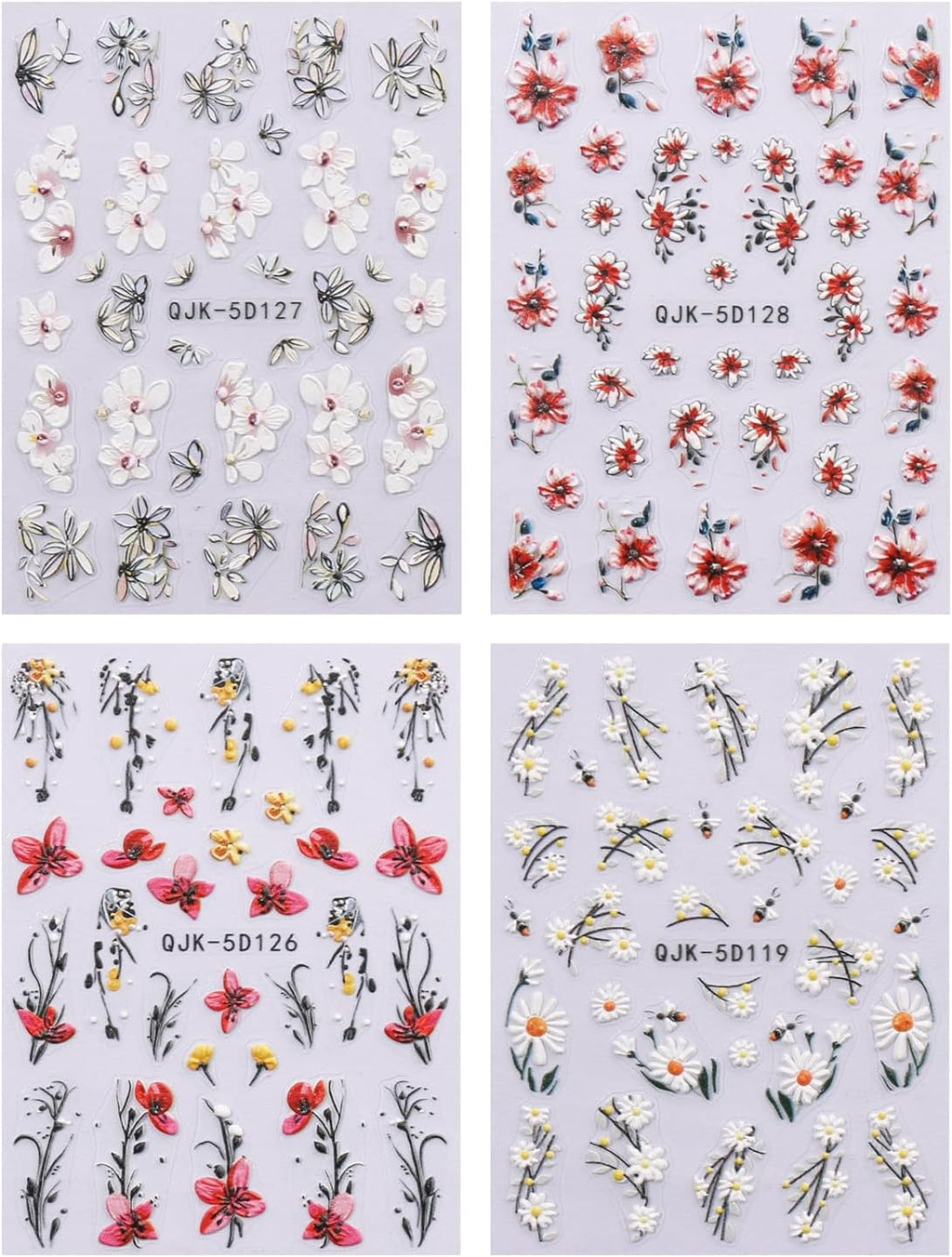 JMEOWIO 3D Nagelsticker Blumen Nail Art Sticker Selbstklebend Nagelaufkleber 5D Stereoskopisch Frühling Sommer Dekoration Nageldesign Zubehör 4 Blatt