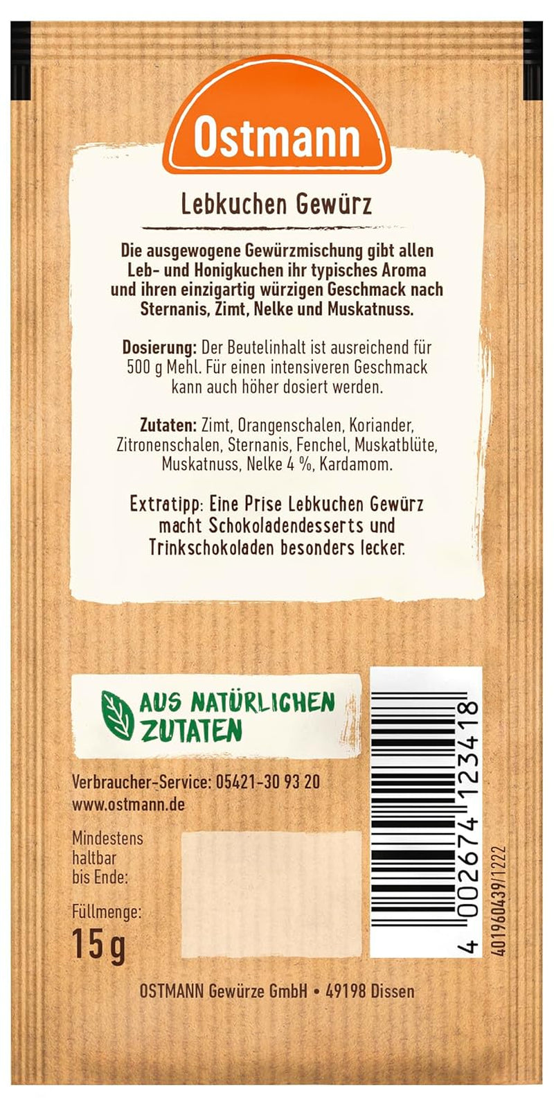 Ostmann Gewürze – Lebkuchen-Gewürz | Gewürzmischung für Leb- und Honigkuchen | Ideal für Gebäck & Desserts in der Winter- und Weihnachtszeit | 15 g im Beutel