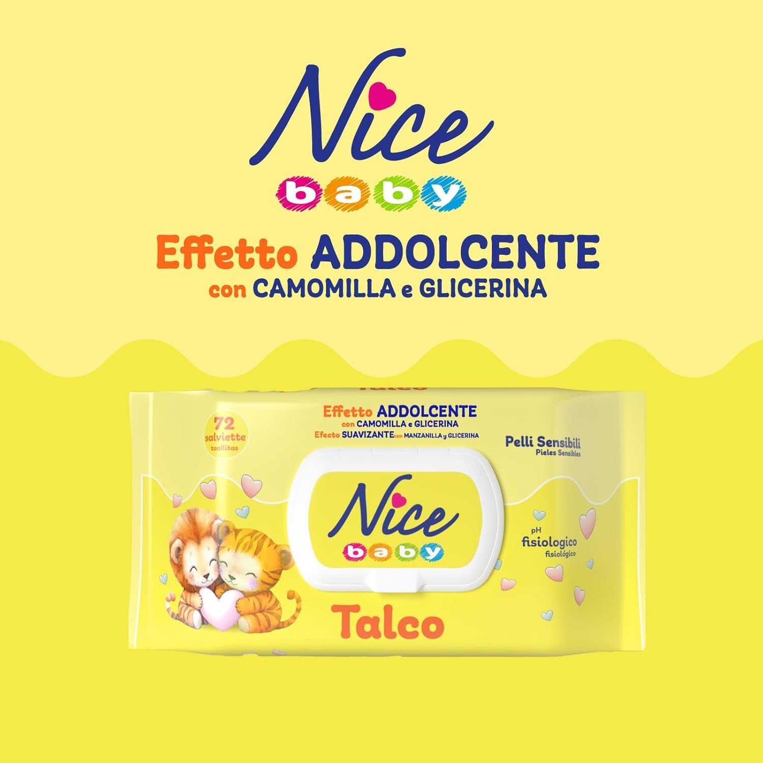 Șervețele umede NICE pentru bebeluși, 72 bucăți, cu capac, parfum de talc, materiale naturale, curățare delicată, bebeluși, 1 buc.