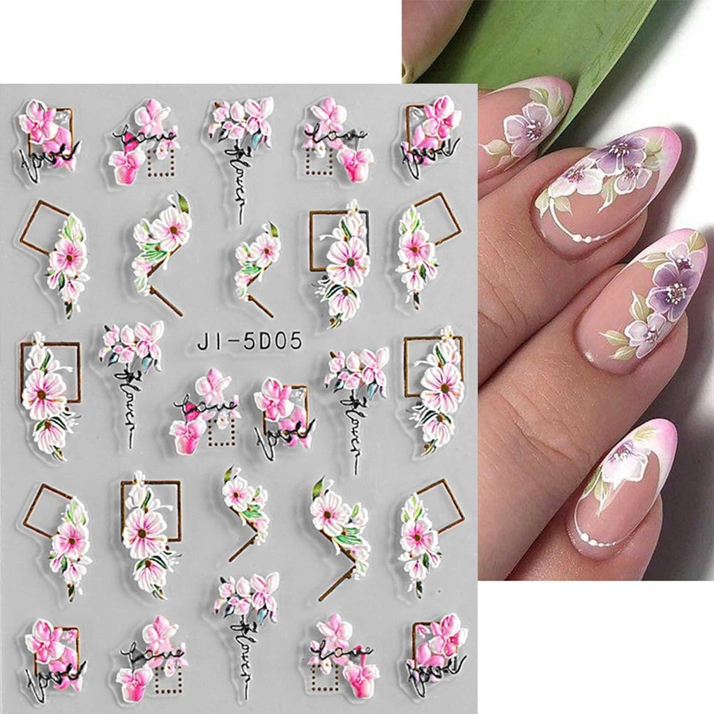 JMEOWIO 3D Nagelsticker Frühling Blume Nail Art Sticker Selbstklebend Nagelaufkleber 5D Stereoskopisch Buntes Sommer Blumen Dekoration Nageldesign Zubehör 4 Blatt