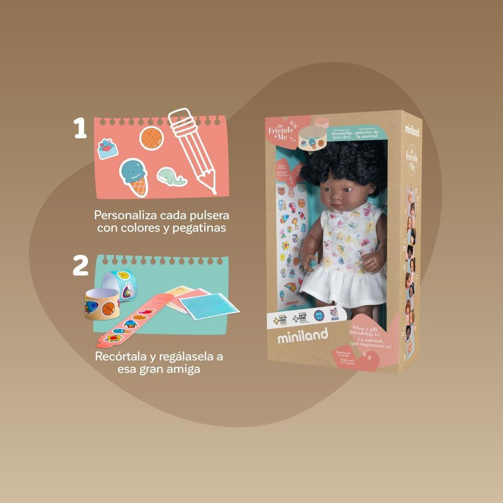 Miniland Puppe, 38cm, afrikanisches Mädchen. In Spanien hergestellt. Anatomisch korrekt. My Friend & Me Collection