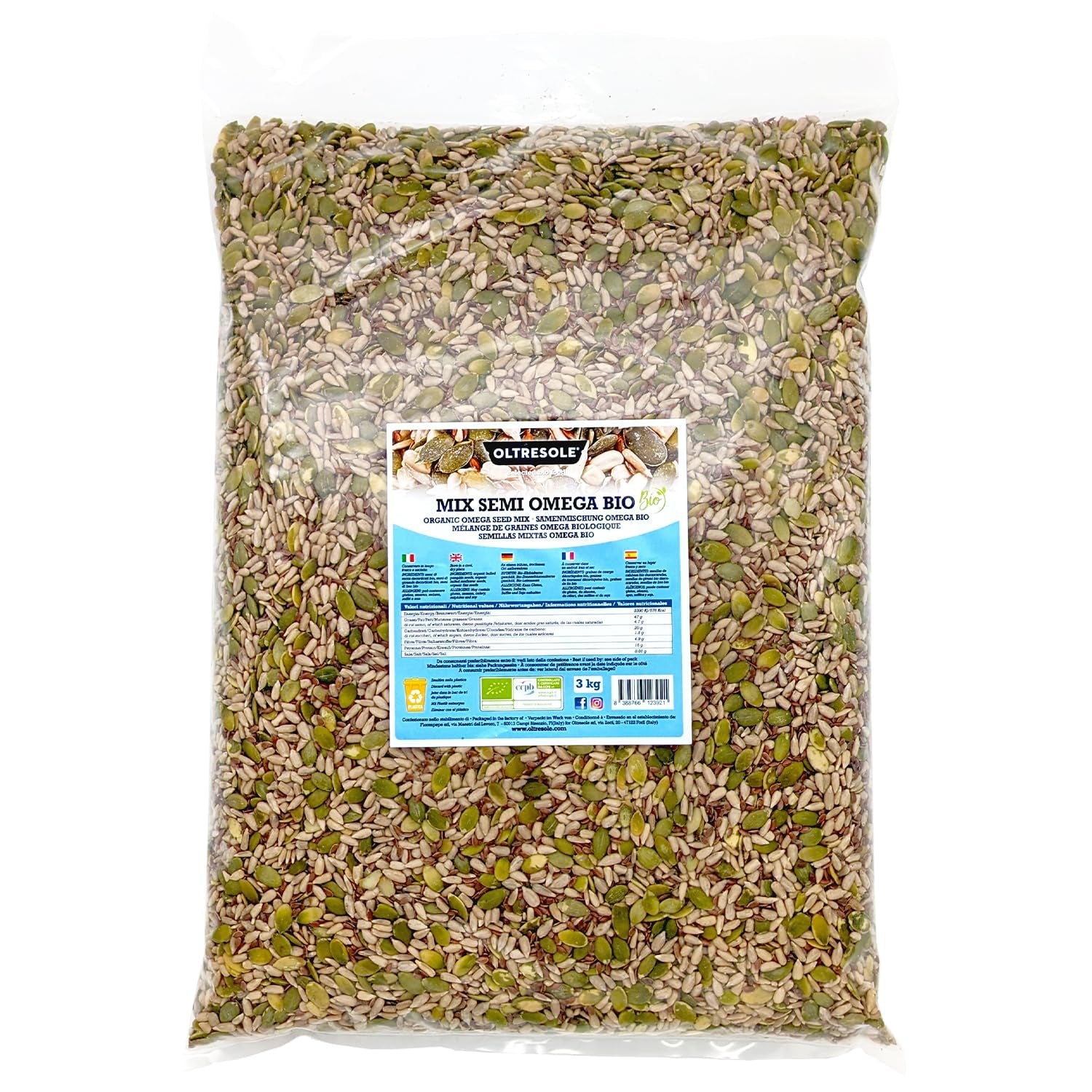 Mix organic de semințe Omega 3 kg (amestec de semințe de dovleac, floarea-soarelui și in), un amestec de 3 semințe oleaginoase crude întregi, bogat în proteine, fibre și acizi grași omega-3