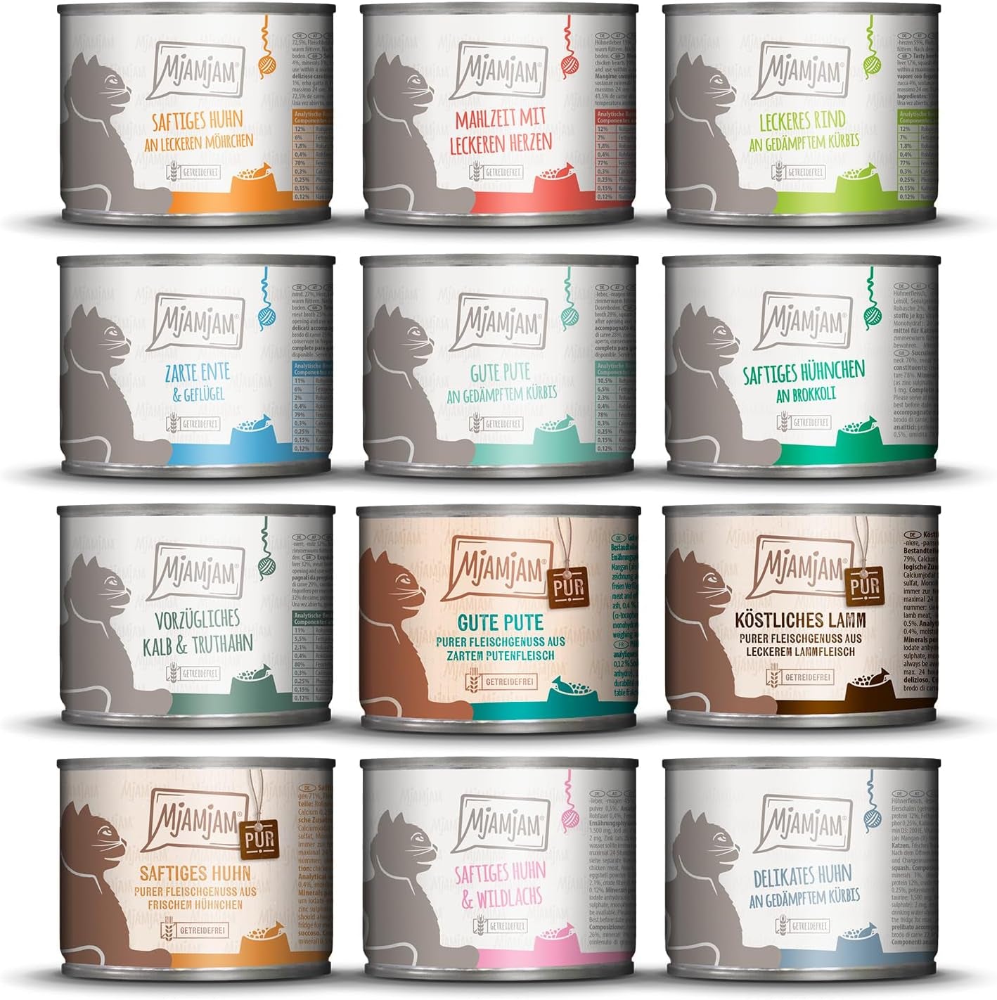 MjAMjAM - Hrană umedă premium pentru pisici - cutie delicioasă, pachet de 12 (12 x 200 g), fără cereale cu carne suplimentară