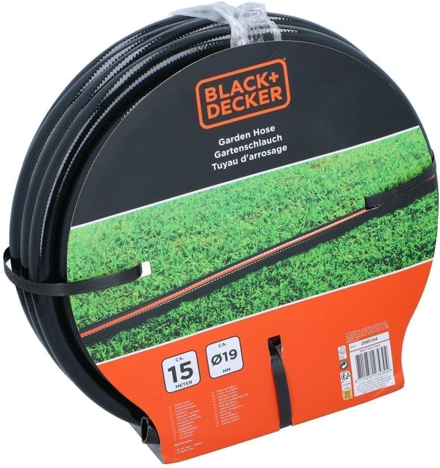 Furtun de grădină BLACK+DECKER 15 metri - Ø19MM - PVC durabil - Udarea grădinii, spălarea mașinii, umplerea piscinei - Compatibil cu orice robinet standard - Negru/Portocaliu