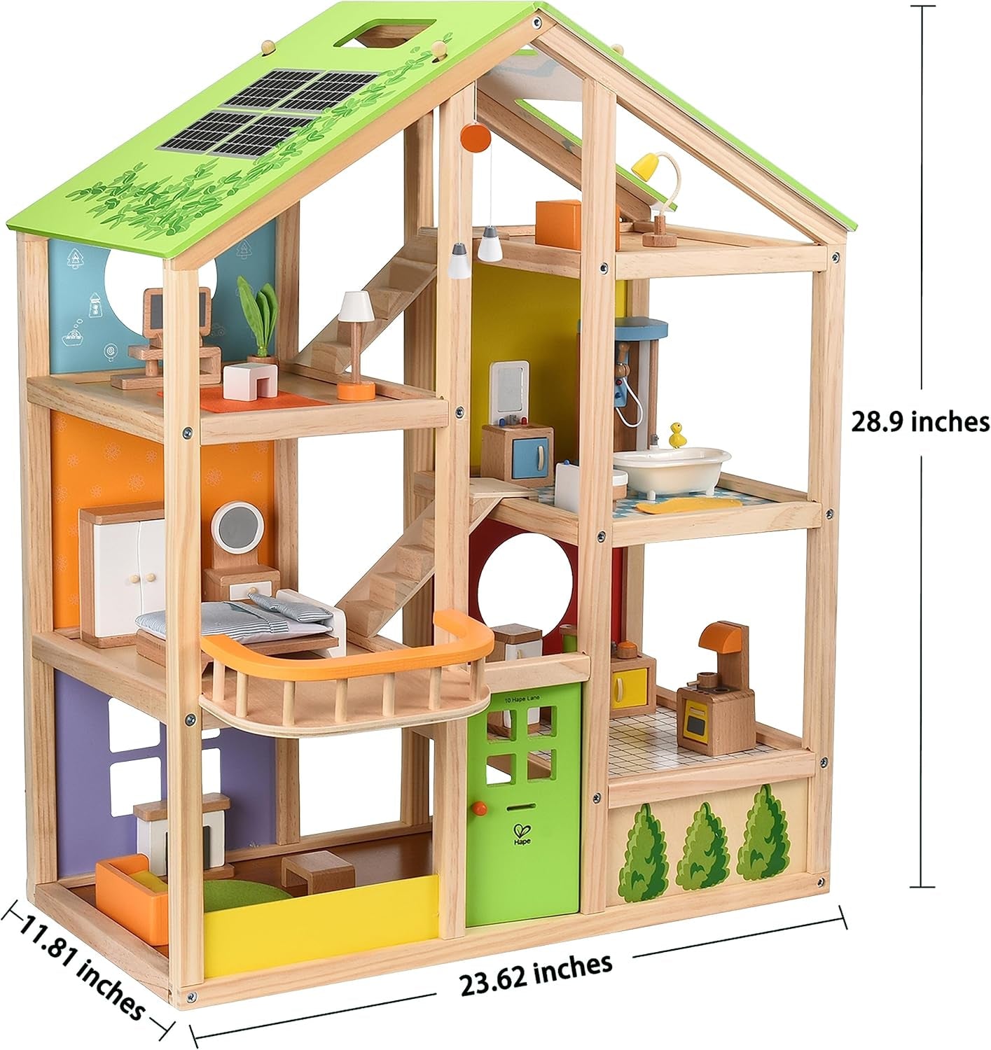 Casă de păpuși Hape Four Seasons - casă de păpuși cu trei etaje, din lemn, premiată, cu mobilier, accesorii, scări glisante și acoperiș reversibil pentru fiecare anotimp, pentru copii cu vârsta de 3 ani și peste
