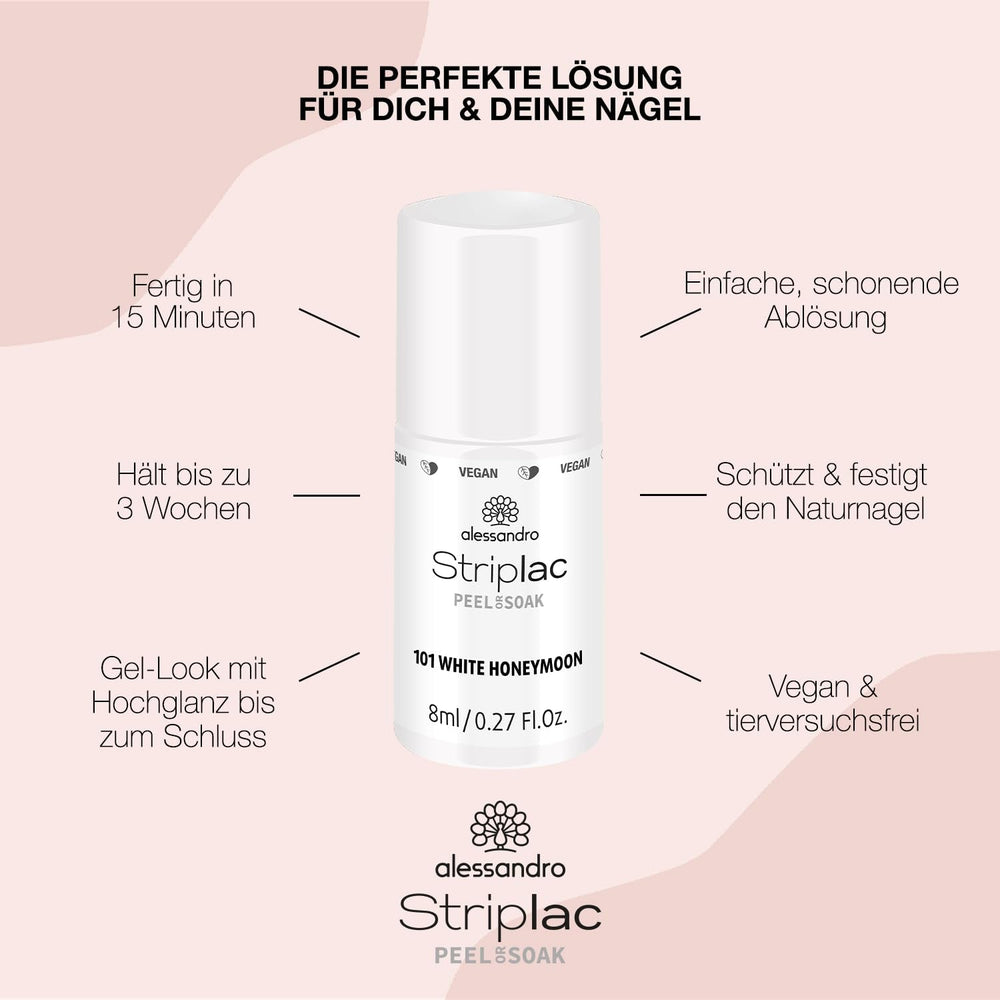 Oja UV alessandro Striplac White Honeymoon – Delicată și de lungă durată – Îndepărtare ușoară datorită tehnologiei de îndepărtare – Vegană și fără cruzime – 8 ml