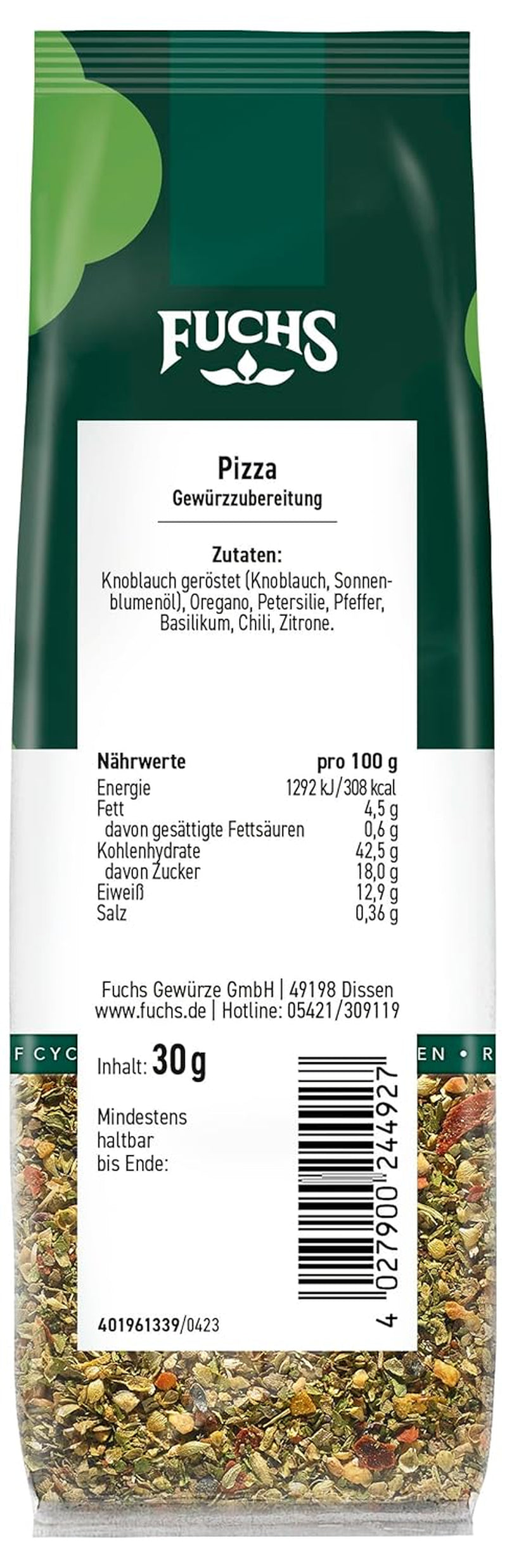 Fuchs Gewürze - Pizza Gewürzzubereitung im recyclebaren Nachfüllbeutel, Gewürzmischung mit italienischen Kräutern, ideal für Bruschetta - 30 g