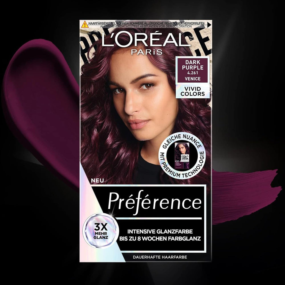 L'Oréal Paris Intensive permanent hair color, Până la 8 săptămâni de păr strălucitor și culoare intensă, Préférence Vivid Colors, Culoare: 4.261 DARK PURPLE, 1 buc (pachet de 2) Vopsea pentru par Naty Shop