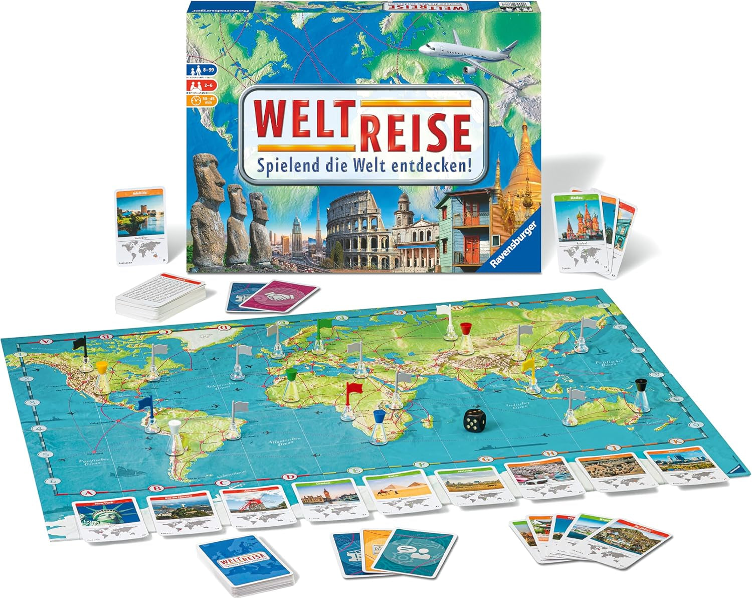 Ravensburger Familienspiel 26888 – World Tour – Klassiker für Familien ab 8 Jahren – Gesellschaftsspiel, Weltreise, Brettspiel für bis zu 6 Spieler – 170+ Städte
