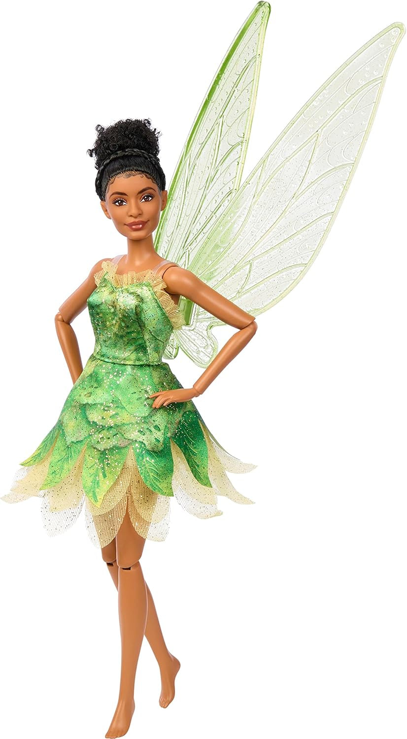Păpușa Disney Peter Pan și Wendy Tinker Bell cu aripi mobile și rochie verde, inspirată din film, cadou pentru copii pentru a reconstitui scene sau propriile aventuri, HNY37