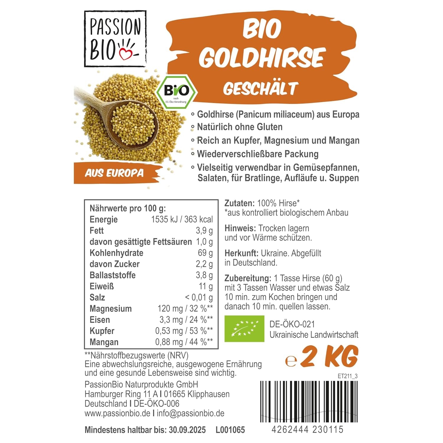 PassionBio Bio-Goldhirse 2 KG – wiederverschließbare Verpackung