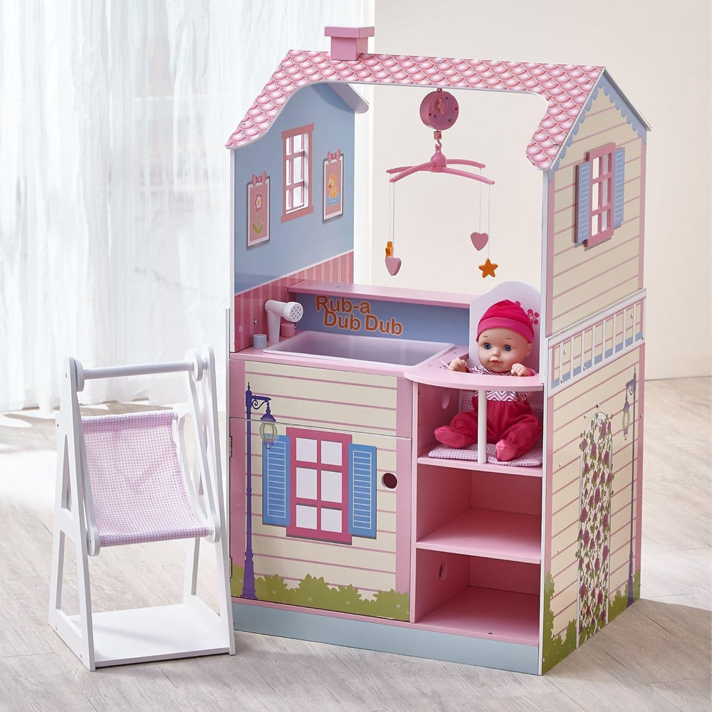 Olivia's Little World 2-in-1-Puppenhaus und Wickelstation, Puppenspielset aus Holz mit Hochstuhl TD-11460A, Puppenhäuser, Naty Shop