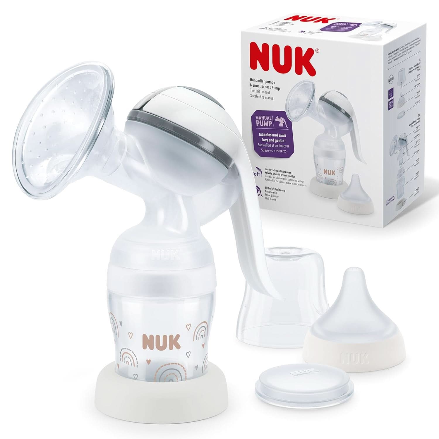NUK Handmilchpumpen-Set, weiches Silikonkissen, 2 perfekt kombinierte Flaschen, 150 ml Lebensmittel- und Stillzubehör Bebe Naty Shop Handmilchpumpe