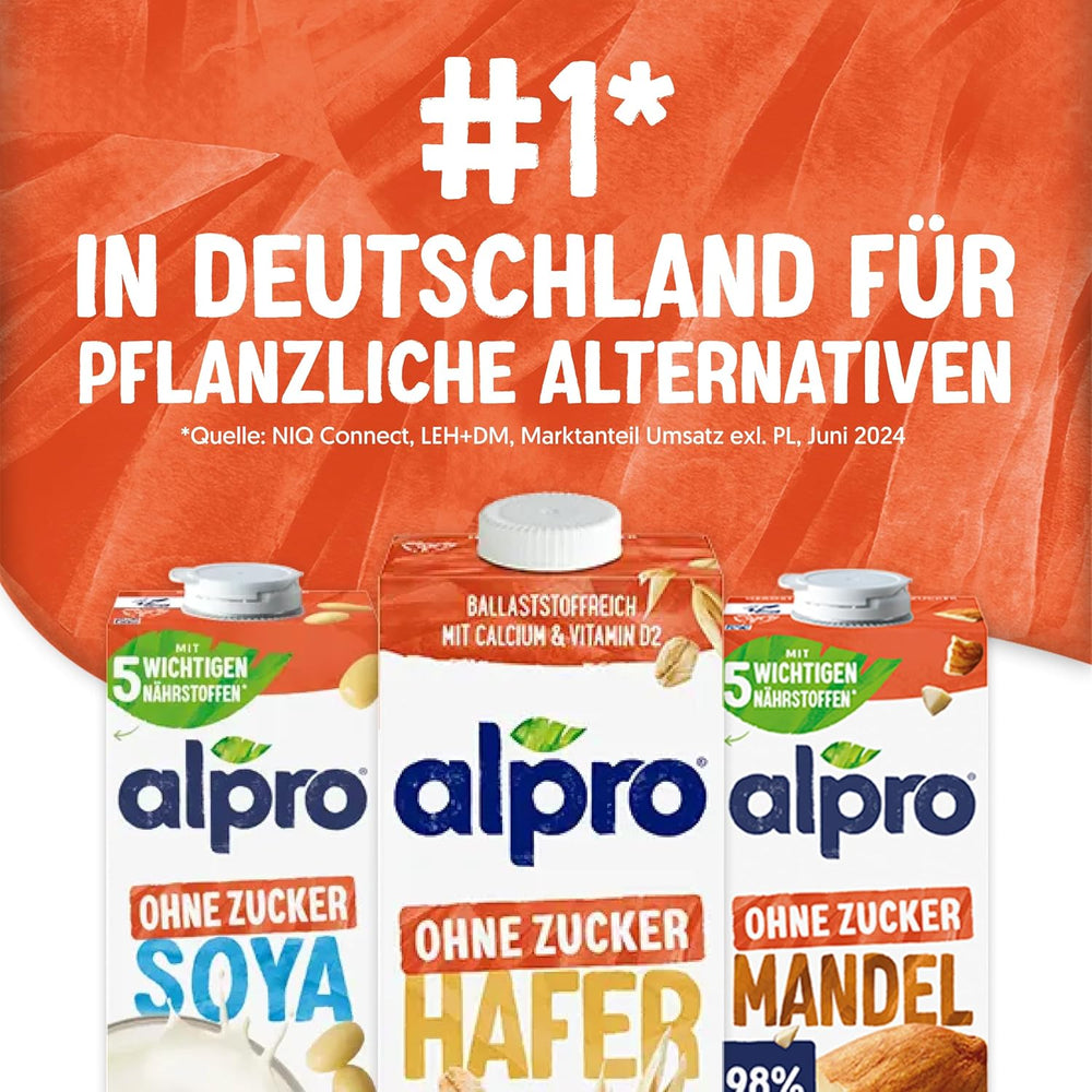 Alpro Haferdrink ohne Zucker – Milchalternative auf Haferbasis – Vegan und laktosefrei – Reich an Ballaststoffen, Kalzium und Vitaminen – 8 x 1 L