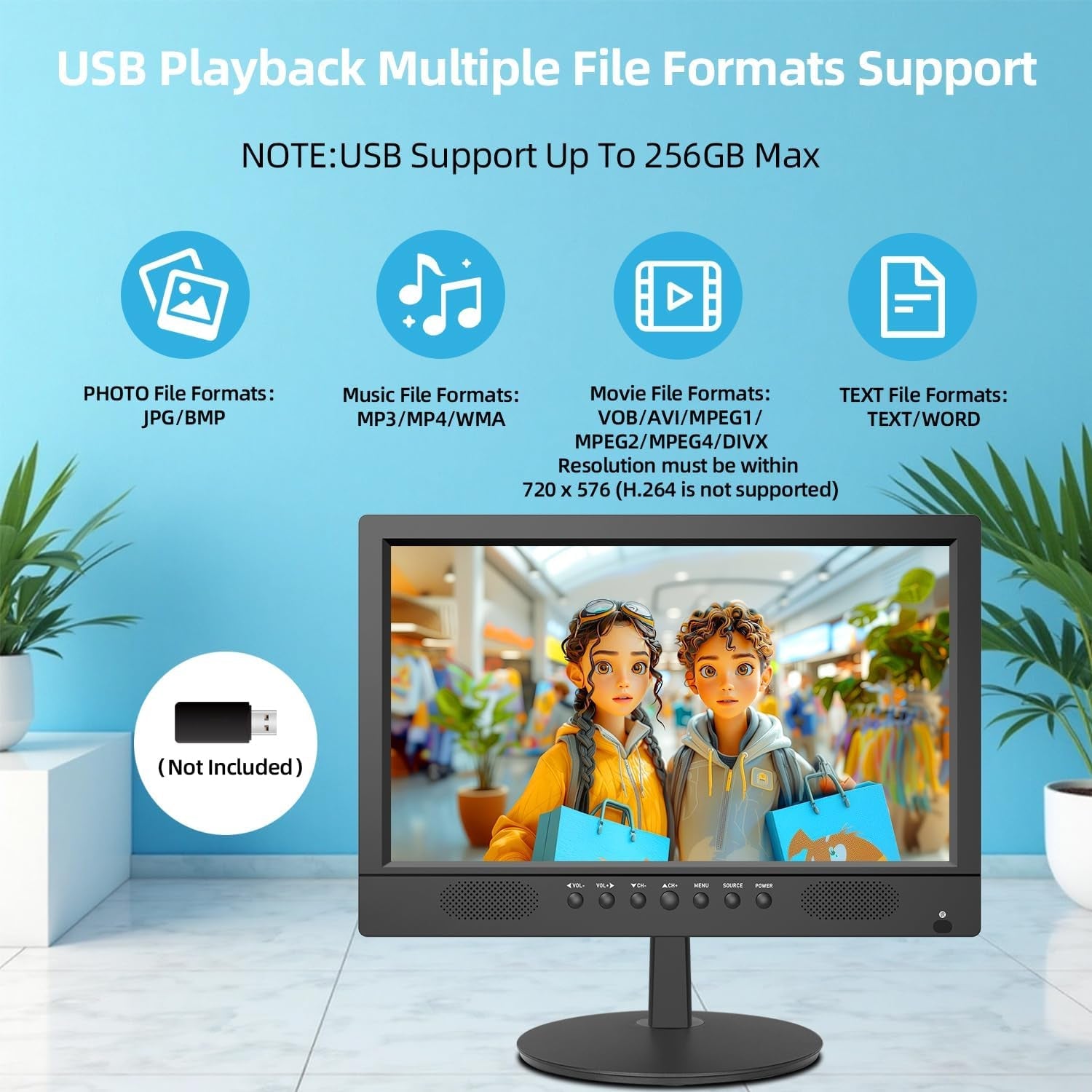 Televizor digital Freeview de 16 inci, tuner DVB-T2, intrare AV, HDMI/VGA, port USB, alimentare de la mașină (12 volți) sau de la rețea, telecomandă